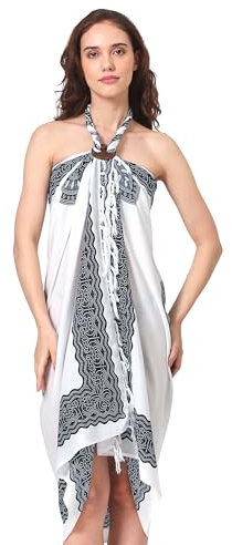 Sarong Pareo Damen Mandala Fransen Viskose Strandtuch Wickeltuch Wickelrock Strandrock Wickeltuch Bikini Cover Up für Badeanzug - Weiß Schwarz Boho Flower Blume