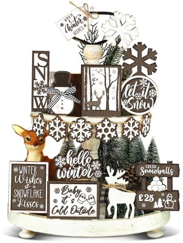 17 Pcs Winter Tiered Tray Decor Winter Snowman Tiered Decorations Set Snowflake Reindeer Table Centerpieces Decor Wooden Signs Table Decoration Without Tray for Farmhouse Party