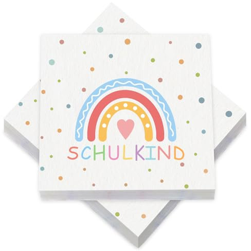 40 Stück 33x33cm Regenbogen Servietten, Einschulung Servietten mit Spruch Schulkind drauf, Schulanfang Tischdeko für Mädchen Junge, Papierservietten Schulanfang Deko