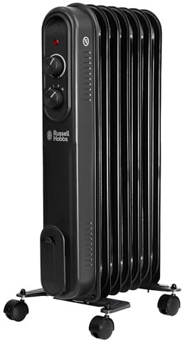 Russell Hobbs 1500W/1.5KW Oil Filled Radiator, 7 Fin Portable Electric Heater - Black, Adjustable Thermostat with 3 Heat Settings, Overheat Protection, 15m sq Room Size, 2 Year Guarantee RHOFR7004B