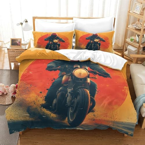 VUDBELAFC Motorrad Bettbezug Set Bettwäsche Kinderbettwäsche-Set Reißverschluss Mit Kissenbezügen Betten Set Für Jungen Und Mädchen, Kinder Single(140x200cm)