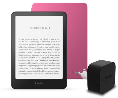 El último Kindle Paperwhite (versión 2024) de 16 GB sin anuncios, una funda basada en Amazon Plant y un adaptador de corriente Amazon Powerfast de 9 W.
