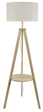 ValueLights | Natural Wood Tripod Floor Lamp with Storage Shelf and White Trim Drum Shade Living Room Lounge Light | Floor Lamps, Home Décor & Improvement Essential | Included LED Bulb