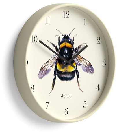 JONES CLOCKS® Bee Wanduhr | Moderne Uhr mit honigbienen-Illustration | 30cm | Helle Creme | Dekoratives Design für küche, Wohnzimmer, Schlafzimmer oder büro