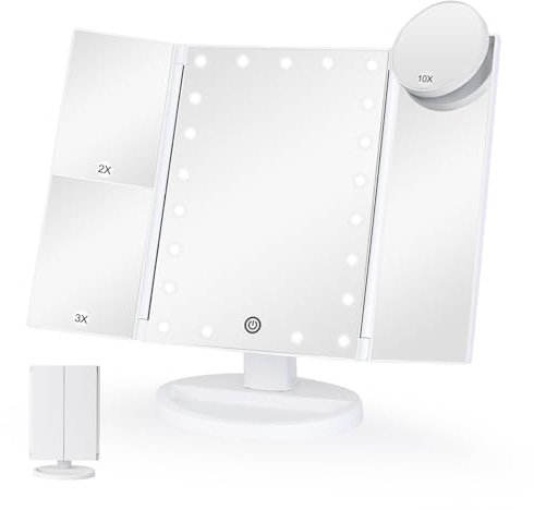 display4top Trifold Vanity Mirror with 21 LED Lights, 2X/3X/10X Magnification Table Mirror, Lighted Up Makeup Mirror with Adjustable Brightness Touch Control, Dual Power Supply, Gift for Women, White