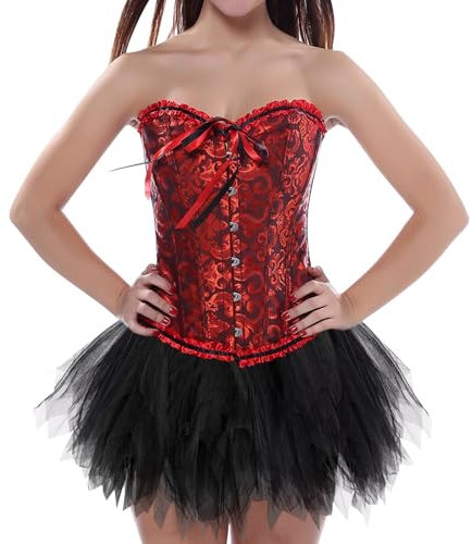 Moulin Rouge Kostüm Damen, Corsage Korsett Schwarz Tüllrock Karneval Kostüme - Gothic Vintage Corsette 50Er Ballett Petticoat Set Steampunk Piratenkostüm Faschingskostüme Für Karneval Halloween