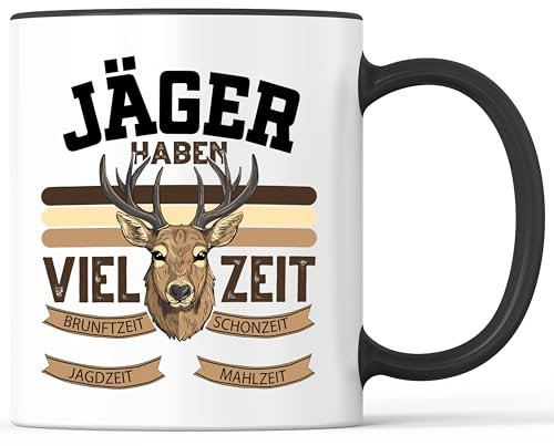Tasse mit Spruch Jäger haben viel Zeit Becher Schonzeit Brunftzeit Jagd Jagen - lustiges Geschenk - Kaffeebecher als Geschenkidee - Kaffeetasse 330ml - Weiss-Schwarz