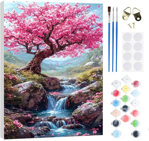 RICUVED Arbre Peinture par Numéros Kit 20x30cm pour Débutants avec Cadre en Bois –Paysage Fleur Peinture Par Numéros Pour Adulte Enfants Kit DIY Pinceaux, Peintures Décoration Murale
