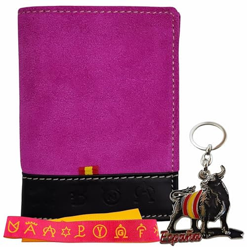 MANTONDEMANILA.COM Cartera de Piel para Hombre Hecha artesanalmente en Ubrique para Hombres y Jóvenes, Incluye Llavero y Pulsera de Temática Española. (1086 Nobuk Rosa Tira-Ma-Hi)