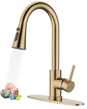 SPUTNGAS Wasserhahn Küche, Hochdruck Küchenarmatur mit Brause Ausziehbar, Mischbatterie Küche 3 Modi, Einhebel Armatur Küche Küche 360° Schwenkbar, Spültischarmatur, Gebürstetes Gold