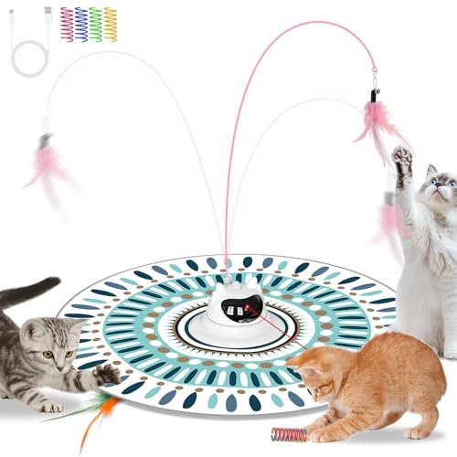 Juguetes Interactivos para Gatos con 2 Plumas y 8 Muelle en Espiral Colorido, 3 en 1 Juguetes Eléctricos Inteligencia Indicador LED Rojo, Cat Toys para Gatos Adultos, Gatitos- Recargable Interior