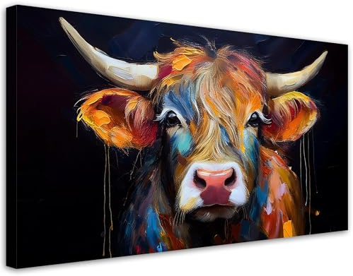 Feeby - Impression sur Toile - Déco Murale Pour le Salon et la Chambre - Vache écossaise colorée - 80x40 1partie - Tableau Mural - Peintures sur Toile - Modern Canvas - Wall Art