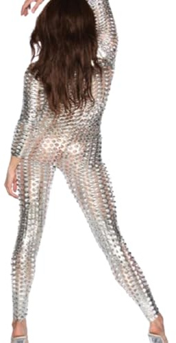 PIYAEIE Women’s Sexy Hollow One Piece Bodysuit – Metallic Zip Front Catsuit