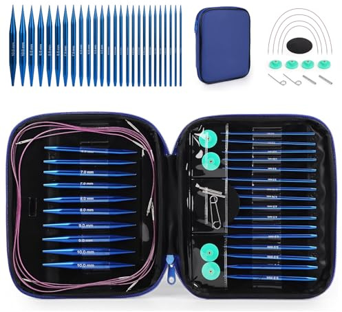KOSLEOW Rundstricknadeln Set Austauschbar, 13 Paar Wechselnadelspitzen 3,0-10,0mm mit 40/60/80/100cm Rundstricknadel Kabel, Austauschbare Stricknadeln aus Aluminium, Blau, Aufbewahrungstasche