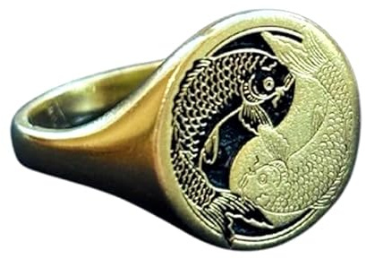 WORLD WIDE GEMS Koi-Fischring, japanischer Kanji-Siegel, Fisch-Schmuck, Damen, Ying-Yang-Transformation, kleiner Ring, spiritueller Schutz, Geschenk für Sie und Ihn, 925er Sterlingsilber, vergoldet