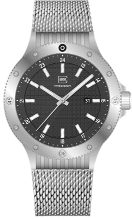 GLOCK Herren Quarz Uhr | 44mm Gehäuse | Armbanduhr mit Silbernem Edelstahlgehäuse | Schwarzem Zifferblatt | Silbernem Mesharmband | 10ATM | GW-33-4-24