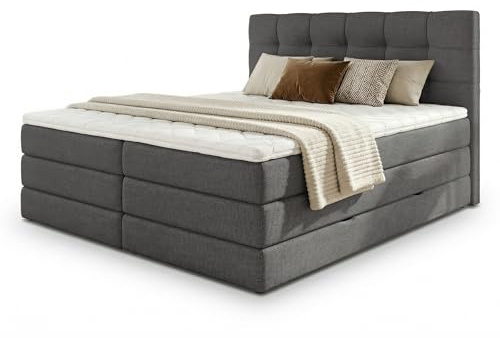 Sofnet Boxspringbett Best XL mit 2 Bettkästen und Topper, mit Taschenfederkern- und Bonellfederkernmatratze, Doppelbett, Polsterbett aus Webstoff mit Stauraum (Graphit (Inari 94), 140 x 200 cm)