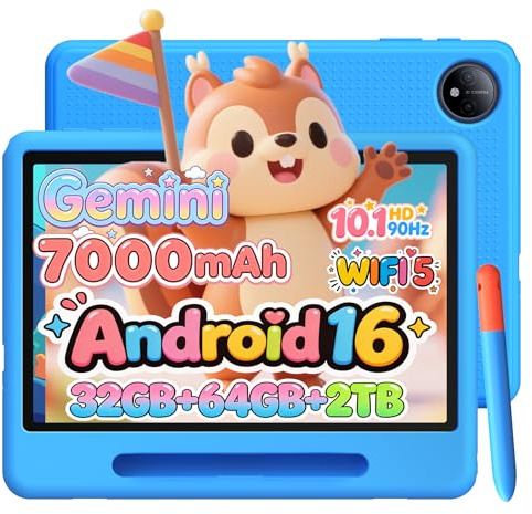 Luzglo P10 Kid Tablet Bambini 10 Pollici, Tablet Android 16, 90Hz, 32GB RAM+64GB ROM, 7000mAH, Vetro Curvo 2.5D, WiFi5/Face ID/OTG/Widevine L1, Include Accessori per Tablets per Bambini, Blu