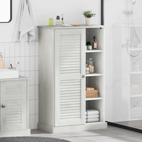 LoogCape Armario de baño VIGO blanco y blanco envejecido 68 x 34 x 110 cm, mueble bajo lavabo de madera de pino maciza, con 7 estantes, espacio de almacenamiento