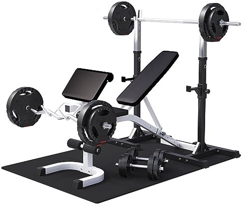 GORILLA SPORTS® Hantelbank - mit 100kg Gewichten, Hantelablage, Curlpult, Bodenschutzmatten, Verstellbar, Multifunktion, 8 Sternverschlüsse, Weiß - Kraftstation, Hantelset, Trainingsbank, Schrägbank