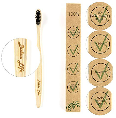 Baboo Life Bambus-Zahnbürste aus Holz, 100% biologisch abbaubar, umweltfreundlich, weich, mit Aktivkohle aktivierte Borsten, natürlich aufhellend, vegan, 1 Bürste, keine Kunststoffverpackung