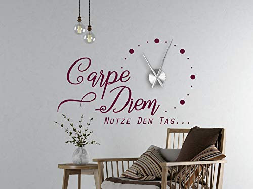 tjapalo® a36 Wanduhr Wohnzimmer Wandtattoo Uhr Wandaufkleber Wanduhr Wandspruch Carpe Diem Sprüche Zitate Wanddeko Wohnzimmer mit Uhrwerk, Größe: B93xH58cm (+Uhrwerk silber), Farbe: kupfer