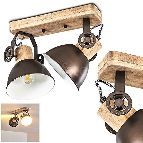 Deckenleuchte Orny, 2-flammig, mit verstellbaren Strahlern, Deckenlampe aus Metall/Holz in Schwarz/Braun, 2 x E27-Fassung, Spot im Retro/Vintage Design, ohne Leuchtmittel