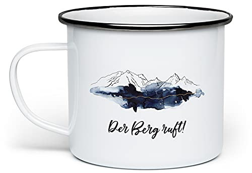 Fashionalarm Emaille-Tasse Der Berg Ruft beidseitig Bedruckt mit Spruch & Motiv | Emaille-Becher als Geschenk-Idee Bergsteiger Kletterer Wanderer, Weiß/Schwarz
