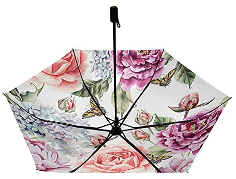 Red Purple Flowers with Leaves, Hydrangeas, Peonies, Buds and Petals Compact Lightweight Folding Umbrella, Inner Print Sun Parasol with UV Protection, Strong Portable Travel Rain Umbrella