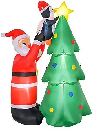 HOMCOM Árbol de Navidad Inflable 184 cm con Luces LED Decoración Navideña Hinchable con Papá Noel y Pingüino para Fiestas Interiores y Exteriores 123x80x184 cm Multicolor