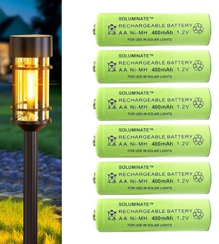 Soluminate Rechargeable AA Solar Light Batteries (400mAh) for Outdoor Garden Solar Lights and Driveway Lights. Latest 1.2V NiMH Technology (6-Pack)