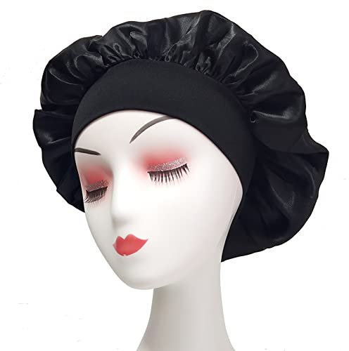 MUFEKUM Satin Schlafmütze, Satin Bonnet Seide Schlafhaube, Atmungsaktive Schlafkappe Nachtmütze Bonnet, Große Satin haube zum Schlafen Weiche Satin Haube für Damen Mädchen (Schwarz)