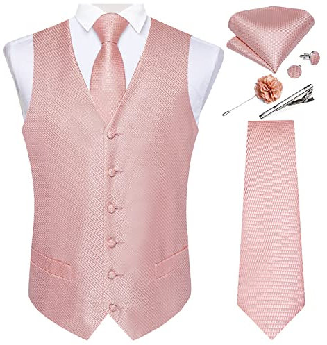 DiBanGu Ensemble gilet et cravate formelle avec épingle à revers et pince à cravate pour homme - En soie - Pour mariage et affaires, Rose poudré uni, XXL