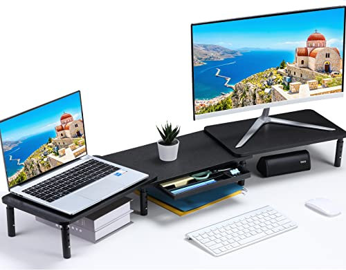 ETHU Supporto doppio monitor, doppio monitor per 2 monitor con cassetto portaoggetti, 3 ripiani regolabili e angolo monitor per PC, computer, computer portatile, TV (nero)