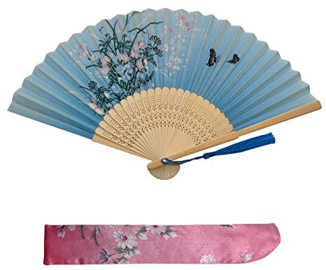 Kibon Folding Fans, Handheld Fans, Hand Fans, Bamboo Fans with Tassel for Birthday Gifts Dancing Cosplay Wedding Party Props Decoration (Light Blue)