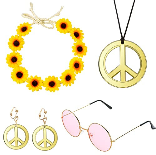 Karjiaja 5 Stücke Hippie Kostüm Set Hippie Accessoires mit 60er Jahre Retro Vintage Brille, Friedenszeichen Halskette Damen und Buntes Hippie Stirnband für 60er 70er 80er Party Verkleiden Zubehörset