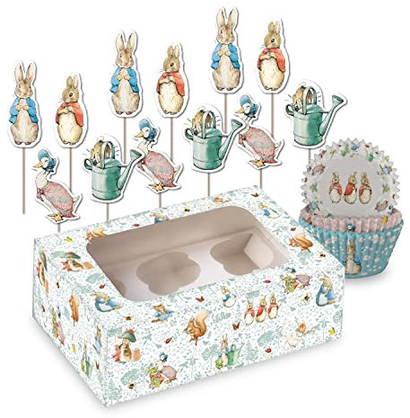 Anniversary House Peter Rabbit Cupcake-Dekorationsset, 75 Hüllen und 12 Aufsätze, Peter Rabbit Cupcake-Box, Peter Hase Kuchendekoration, AMZ015