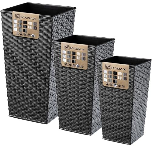 KADAX Set di 3 vasi alti per piante, Grafite Rattan, H 57,5/68 / 75,5 cm – vaso per piante da esterno, fioriera moderna da balcone