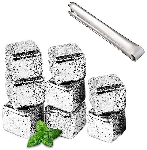 Nutabevr 8 Stück Eiswürfel Edelstahl,304 Edelstahl Eiswürfel Wiederverwendbar Whisky Steine set+Clips,Eingefroren Eiswürfel Für Wein,Wodka,Likör,Getränkesaft oder Limonade