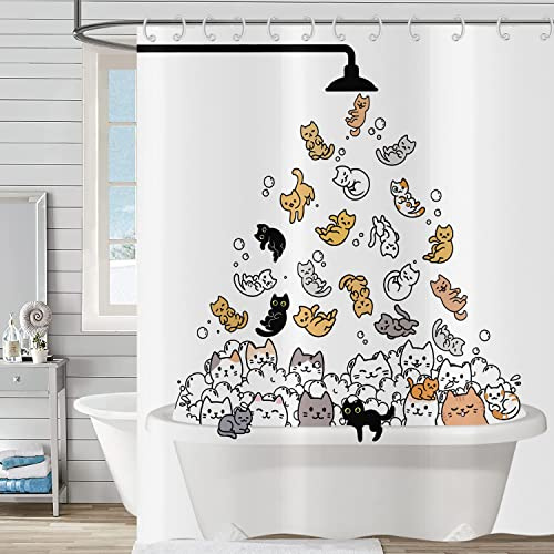 Hnmdmyi Duschvorhang Lustige Katze 150x180, Kinder Cartoon Tier Kätzchen Bunt Liebenswert Urkomisch Haustiere Badewanne Vorhang Wasserdicht Polyester Stoff Waschbar Badevorhang mit Haken