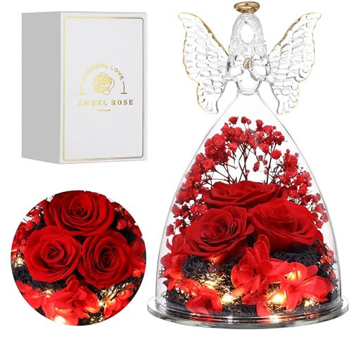 Faneeyo Engel Geschenke für Frauen, DREI Konservierte Blume Rosen in Glas Engel Geburtstagsgeschenk für Sie, Engel Rose Figuren Geschenk für Valentinstag Muttertag Weihnachten.Rot