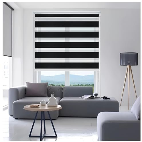 Ruby Deals Day and Night Roller Blinds Window- Dual Layer Fabric Zebra Roller Blind for Windows and Door Curtain- Day Night Blinds (Black, W174cm x H210cm)