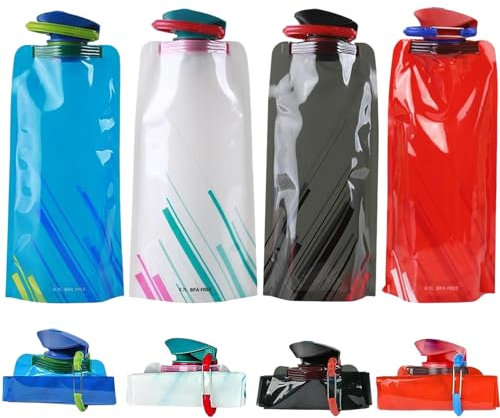 4 Stück Faltbare Wasserflaschen, 700ML Faltbare Trinkflasche, 4 Farben Wiederholbare BPA-Freie Wasserflasche mit Clip für Wandern, Reisen, Abenteuer, Fitness