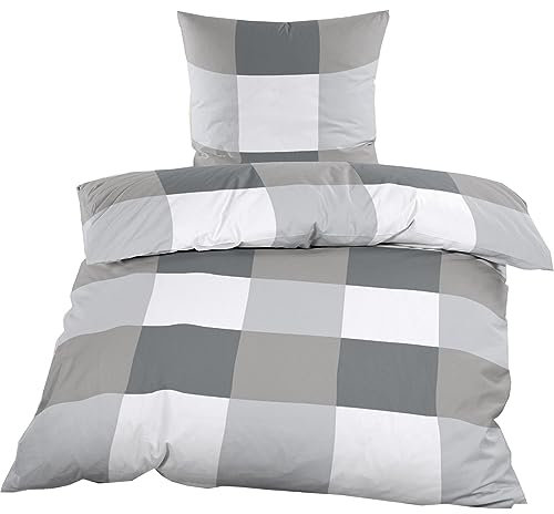 Casa Colori Renforce Bettwäsche 135x200 cm 2 TLG. Bettgarnitur in Anthrazit Grau Kariert