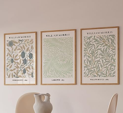 Set of 3 William Morris Prints - Neutral Wall Art - Exhibition Posters - Willow Bough Pomegranate Larkspur - Floral Posters - Gallery Wall Art (A3)