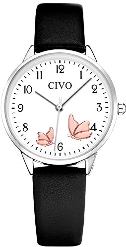 CIVO Damenuhr-Lederarmband Schwarz Armbanduhr-Damen Analog-Quarz Elegant - Uhren Damen mit Zahlen Kleid Wasserdicht Mode Geschenke für Frauen