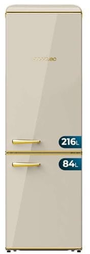 Cecotec Frigorífico Combi 2 Puertas Retro de 300 L Bolero CoolMarket Combi Origin 300 Beige E. Altura 191,5 cm y 60 de Ancho, Control de Temperatura, Tirador Cromado y Bandejas de cristal, Beige