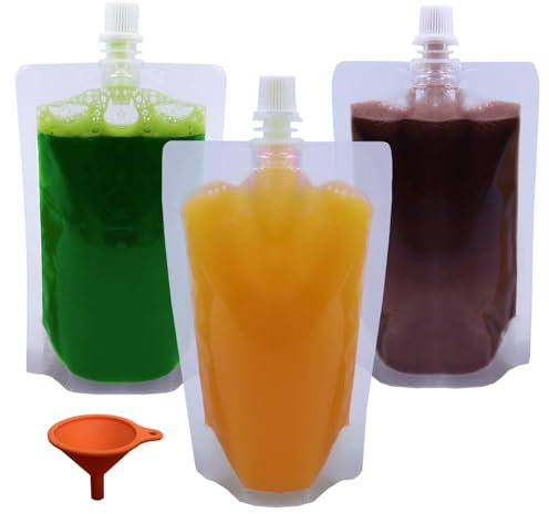 Yelinosk Lot de 20 pochettes transparentes de 250 ml avec bouchons et entonnoir pour festivals, alcool, jus, liquide, sacs à boissons, flasque en plastique pour fêtes, pique-niques, voyages, sports