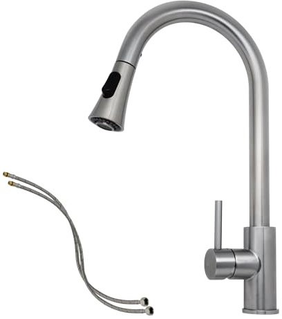 VANCOCO Kitchen Sink Mixer Tap 1 Hole, Single High Arch Kitchen Tap with 360° Swivel Pull Down Sprayer 2 Modes, SUS304 Stainless Steel Faucet
