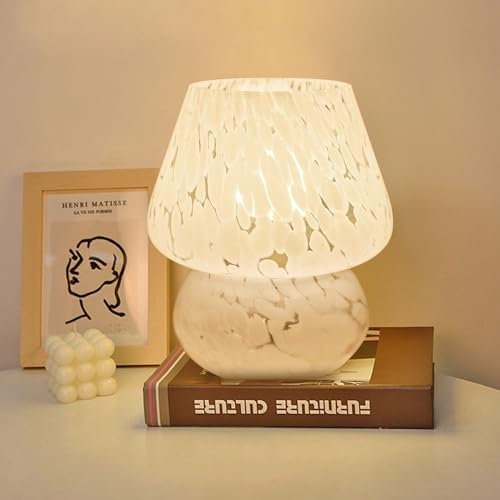 MLOQI Mushroom Table Lamp Aesthetic Glass Room Decor, Cute Night Light (White B)